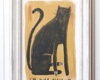 Printable Black Cat Art - Mustard Black Wall Decor, Gift for Cat Lovers, Whimsy Cats Wall Art