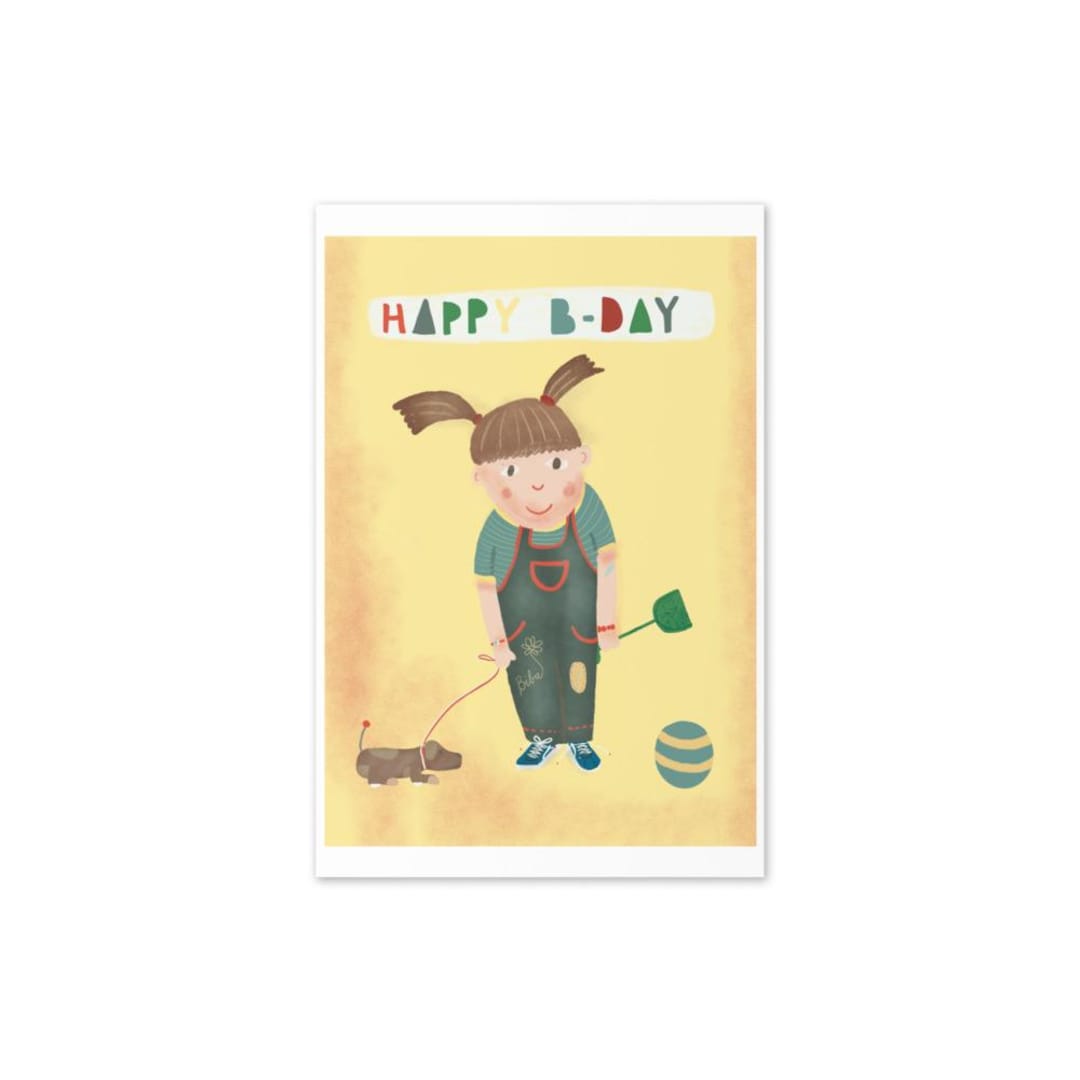 Happy Birthday Card Girl With Dog – Cute 4x6 Greeting Card With ...