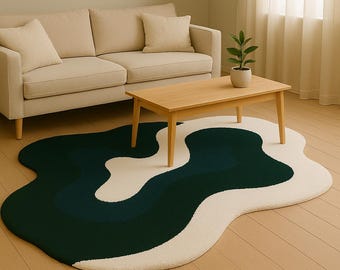 Moderner abstrakter Teppich - Blauer und cremefarbener gewellter Teppich