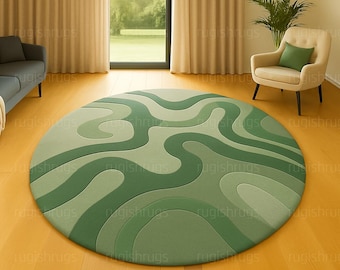 Green Abstract Round Rug – Modern Wavy Area Carpet