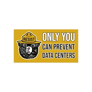 Könnte beinhalten: Ein rechteckiger Aufkleber mit senfgelbem Hintergrund und einer schwarz-weißen Illustration eines Bären, der einen Hut mit der Aufschrift RESIST trägt. Der Text ONLY YOU CAN PREVENT DATA CENTERS ist in Weiß mit schwarzer Umrandung gedruckt.