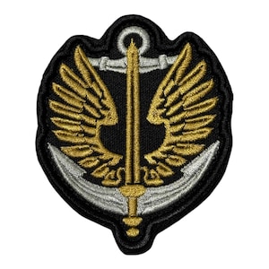May include: Embroidered patch featuring a black background with a gold anchor, sword, and wings design. The anchor and sword are in the center, with wings on either side. The patch has a black border.