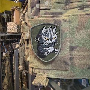 Peut inclure: Gilet tactique de camouflage avec un écusson représentant un chat noir stylisé aux yeux jaunes. L'écusson est sur un fond vert et est cousu sur le gilet. Le gilet comporte plusieurs poches et sangles.