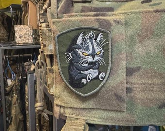 May include: Camouflage tactical vest with a patch featuring a stylized black cat with yellow eyes. The patch is on a green background and is sewn onto the vest. The vest has multiple pockets and straps.