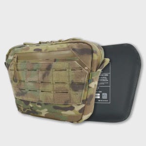 May include: A camouflage tactical pouch featuring a front laser-cut MOLLE panel, a top zipper closure, and a small green side tag. Beside it sits a black rectangular ballistic armor plate with white technical text and specifications printed on it.