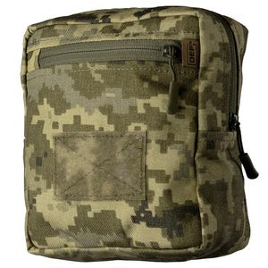 May include: A square camouflage utility pouch with a zippered main compartment and a smaller front pocket. The pouch features a pixelated pattern in shades of green, brown, and tan. A small, rectangular patch is sewn onto the front. The zipper pulls are dark green.