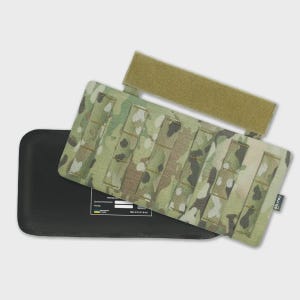 May include: A rectangular camouflage patterned tactical panel with vertical webbing straps and a top hook-and-loop fastener strip. A black rectangular backing piece is included, featuring a white label with the text "THE MERITECH" and a small flag.