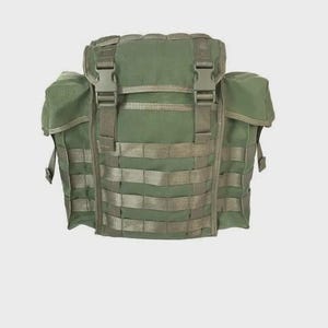 May include: An olive green tactical backpack featuring a large central compartment with a top flap secured by two plastic side-release buckles, two side pockets, and multiple horizontal rows of webbing straps across the front for modular attachment.