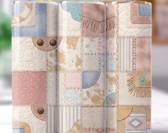 May include: Four variations of a tumbler featuring a patchwork design with a Western theme. The design includes various textures and patterns, such as cowhide, floral prints, and fringe, in shades of pink, blue, and tan. The tumbler has a cylindrical shape.