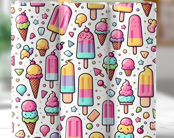 May include: A white tumbler with a repeating pattern of colorful ice cream cones and popsicles. The design includes pink, yellow, blue, and green elements, with the text "Variation Included" at the top.