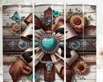 Boho Western Bull Skull Tumbler Wrap, Turquoise Cowhide Coquette Bow PNG, Cowgirl Floral Longhorn Sublimation Design, 20oz Digital Download