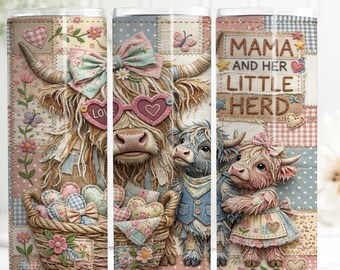 May include: Three stainless steel tumblers with a whimsical design featuring a Highland cow family. The design includes a cow wearing heart-shaped sunglasses, a basket of hearts, and the text "Mama and Her Little Herd". The tumblers have a patchwork background.