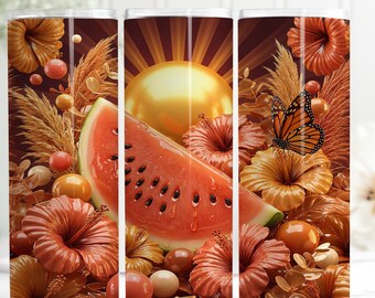 May include: A set of three stainless steel tumblers with a vibrant summer design. The design features a watermelon slice, hibiscus flowers, a butterfly, and a golden sun against a brown background. The tumblers are decorated with warm colors.