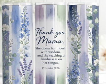 May include: A set of three stainless steel tumblers with a floral design. The tumblers feature a watercolor design with blue, purple, and green stripes, and the text "Thank you Mama." The tumblers are decorated with blue and white flowers and greenery.