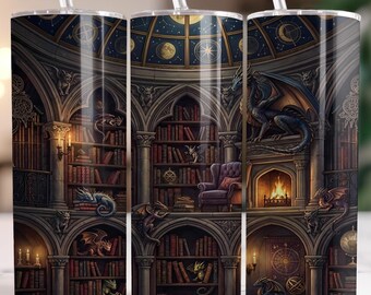 May include: A stainless steel tumbler with a fantasy library design. The artwork features a dragon, bookshelves, a fireplace, and a starry night sky. The tumbler includes a clear straw and a black lid.