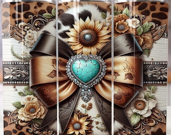 May include: Three stainless steel tumblers with a decorative design. The design features a brown and black leopard print, a cowhide pattern, and a large bow with a turquoise heart-shaped jewel. Floral accents and a sunflower are also included.