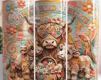 May include: A tumbler featuring a whimsical design with a Highland cow family. The central cow wears heart-shaped sunglasses, surrounded by two calves and a basket of flowers. The text "Mama's Herd of Hearts" is displayed.