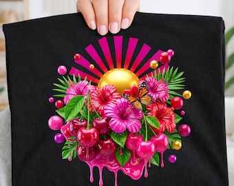 Cherry Tropical Hibiscus PNG, Candy Drip Sunburst Sublimation Design, Summer Butterfly Fruit Shirt PNG, Bold Maximalist Digital Download