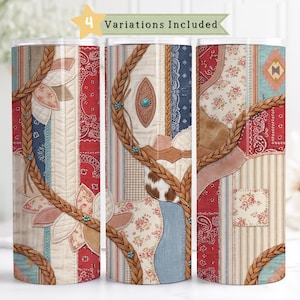 ウエスタンパッチワークシームレスバンダナタンブラーラップフェイク刺繍カントリースタイルPNG牛革型押しレザーロデオウエスタンフローラルパターン