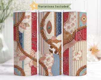 May include: A set of four insulated tumblers with a patchwork design. The design incorporates floral patterns, denim, leather, and braided rope accents in shades of red, blue, and tan. The tumblers have a rustic, country aesthetic.