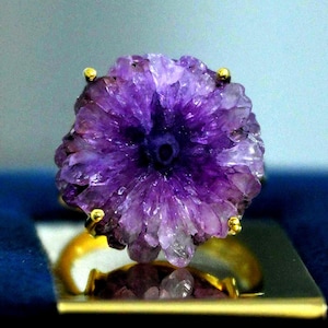 Purple Solar Quartz Ring, Natural Crystal Slice Ring, 925 Sterling Silver Statement Ring, Druzy Quartz Jewelry, Unique Gemstone Ring