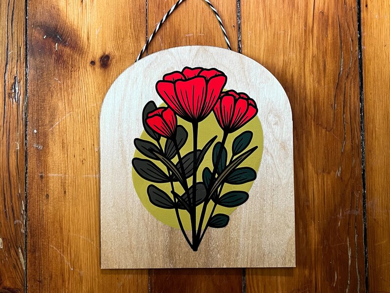 FLORAL CIRCLE WOOD sign poppy