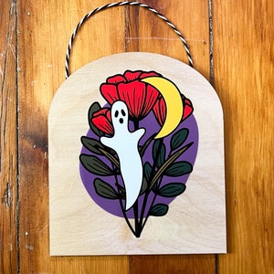 FLORAL CIRCLE WOOD sign ghost (poppy)