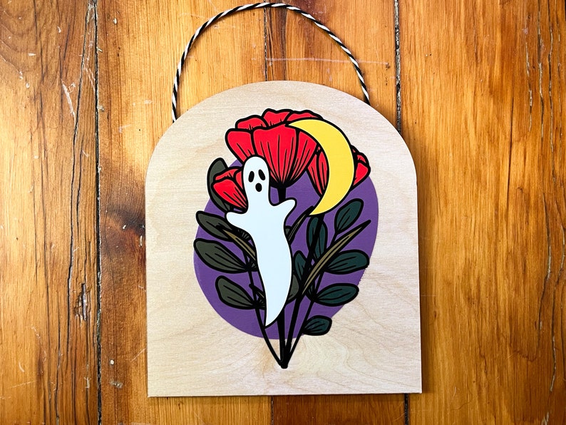 FLORAL CIRCLE WOOD sign ghost (poppy)