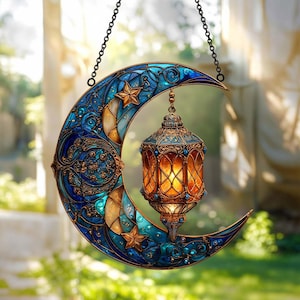 May include: A stained glass crescent moon with a hanging lantern. The moon is blue with gold stars and accents. The lantern is ornate with a warm, glowing light. A decorative piece for home decor.