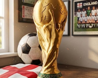 Personalisable Football World Cup Trophy replica | Custom Name Football / Soccer Gift | Silky metallic gold and green finish, various sizes