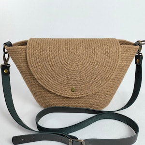 Cinnamon Crossbody Bag with Black Leather Strap – Handmade Cotton Cord Purse, Flap Closure, Antique Brass Hardware, Boho Everyday Bag
