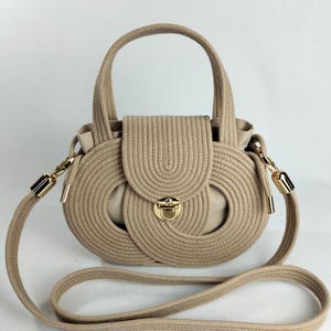 Infinity Bag – Small Latte Crochet Purse with Gold Hardware and Cotton Lining, Crossbody and Short Handles