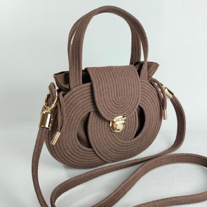 Infinity Bag – Small Brown Crochet Purse with Gold Hardware and Cotton Lining, Crossbody and Short Handles