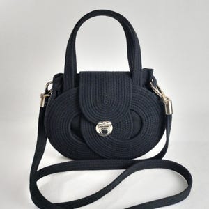 Infinity Bag – Small Black Crochet Purse with Silver Hardware and Cotton Lining, Crossbody and Short Handles
