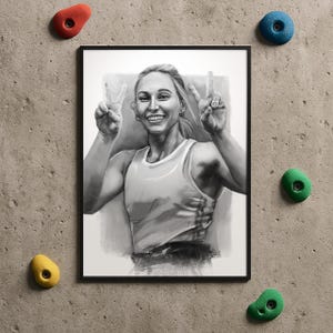 Painting of Climbing Champion Janja Garnbret, Matte Wall Art Print, Home Decor, Gift for Climbers, Competition Climbing Wall Decor