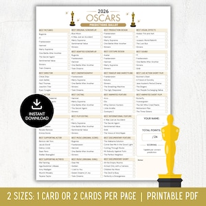 Prédictions des Oscars 2026 | Bulletin de vote Oscars imprimable | 98e cérémonie des Oscars | Oscars regarder les jeux de société | Jeu de remise des prix | Téléchargement instantané