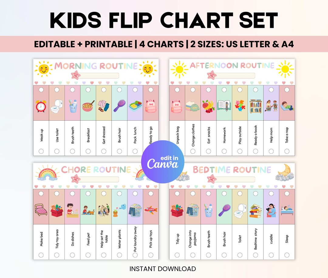 Printable Kids Flip Routine Chart, Editable Morning Evening Bedtime ...