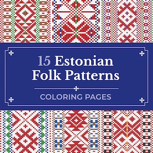 Dibujos para colorear de patrones folclóricos estonios (PDF imprimible) / Diseños tradicionales nórdicos de punto de cruz para colorear