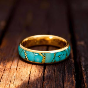 Anpassad guld turkos volframring, turkos vigselring, volfram vigselring för män, jubileumspresent, graverad ring