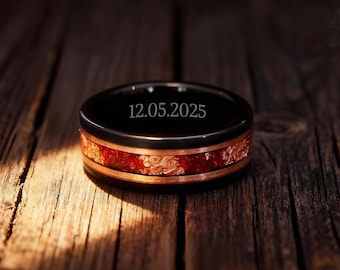 Meteorite Tungsten Wedding Ring, 22K Gold Foil, Personalized Ring For Him