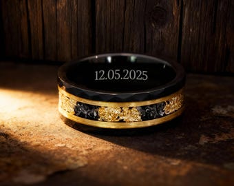 Custom Meteorite Gold Leaf Flakes Wedding Band,  Hammered Ring, Promise Ring