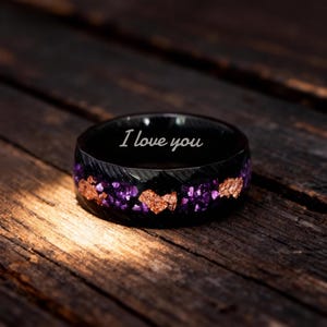 Damascus Steel Ring, Crushed Gold & Purple Opal Inlay, Hammered Wedding Band