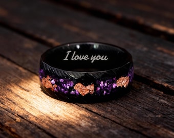 Damascus Steel Ring, Crushed Gold & Purple Opal Inlay, Hammered Wedding Band