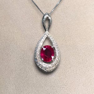 Lab Grown Ruby Oval Pendant, Sterling Silver, CZ Halo