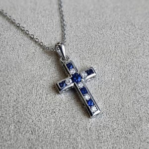 Lab Grown Blue Sapphire Cross Pendant, Sterling Silver, Zircon Accents