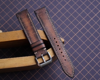 Cinturino per orologio in pelle conciata al vegetale con patina marrone fatto a mano, cinturino per orologio personalizzato