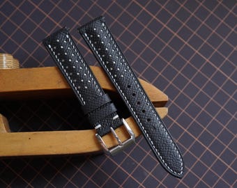 Zwart Epsom-leren rallyhorlogeband: handgemaakt, vintagestijl (maten 22 mm, 21 mm, 20 mm, 19 mm)