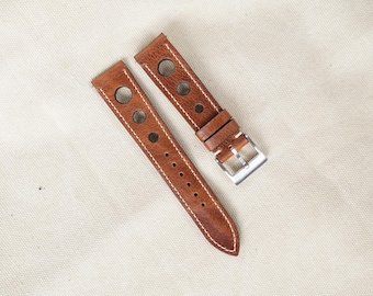 Pulseira de relógio em couro marrom claro, feita à mão em couro bovino, personalizável.