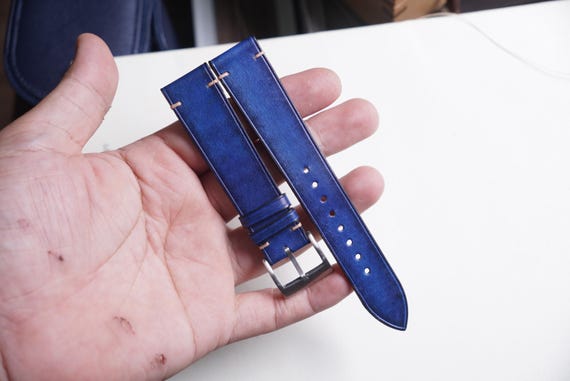 Navy Patina Leather Watch Strap : Handmade, Vintage Style (Sizes 22mm, 21mm, 20mm, 19mm)