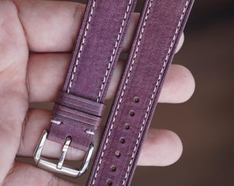 Correa de reloj vintage de cuero morado: tamaños personalizables, hecha a mano